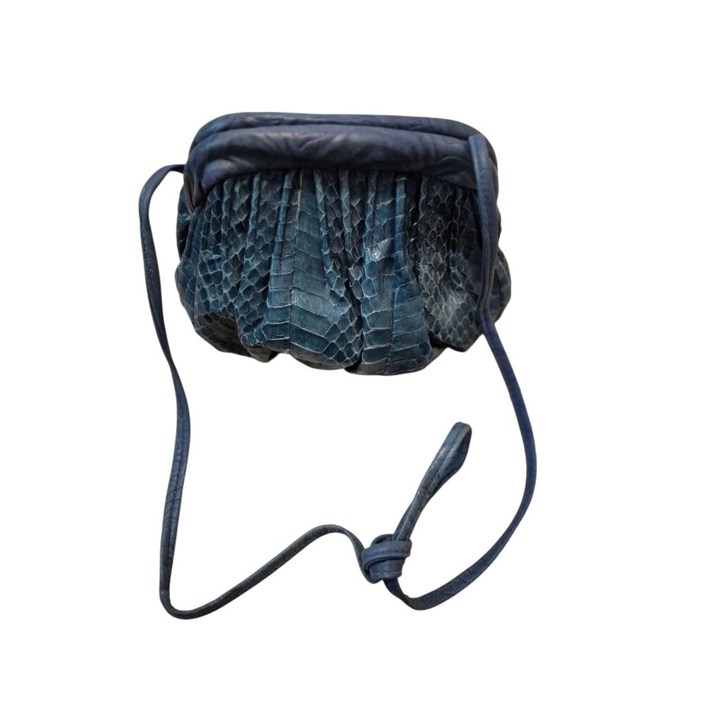 Vintage Snakeskin Python Shoulder Bag Purse Teal Blue Clamshell Leather Interior